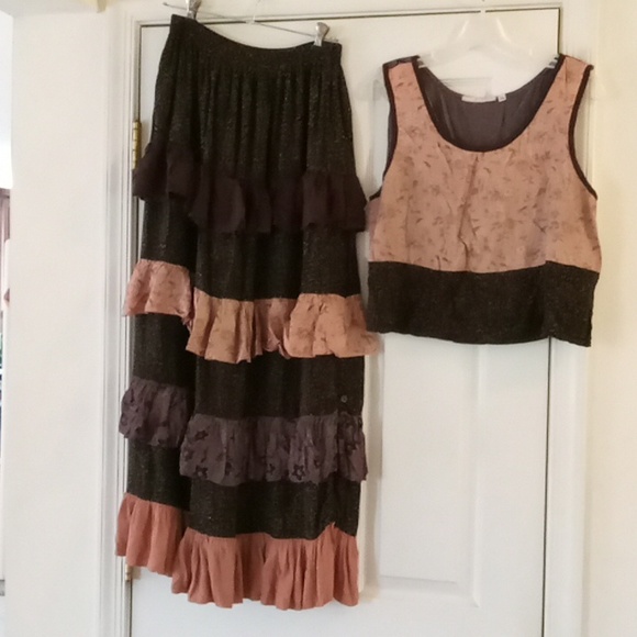 Vintage Boho 2Pc Par Excellence of Houston TX Tiered Maxi Skirt and Top - Picture 1 of 13